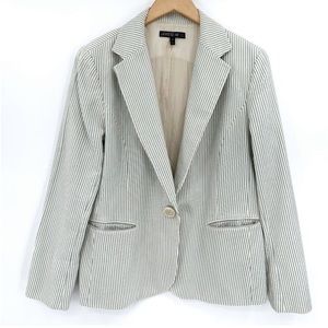 Lafayette 148 Beige Blue Striped Seersucker Lined Split Sleeve 16 Blazer